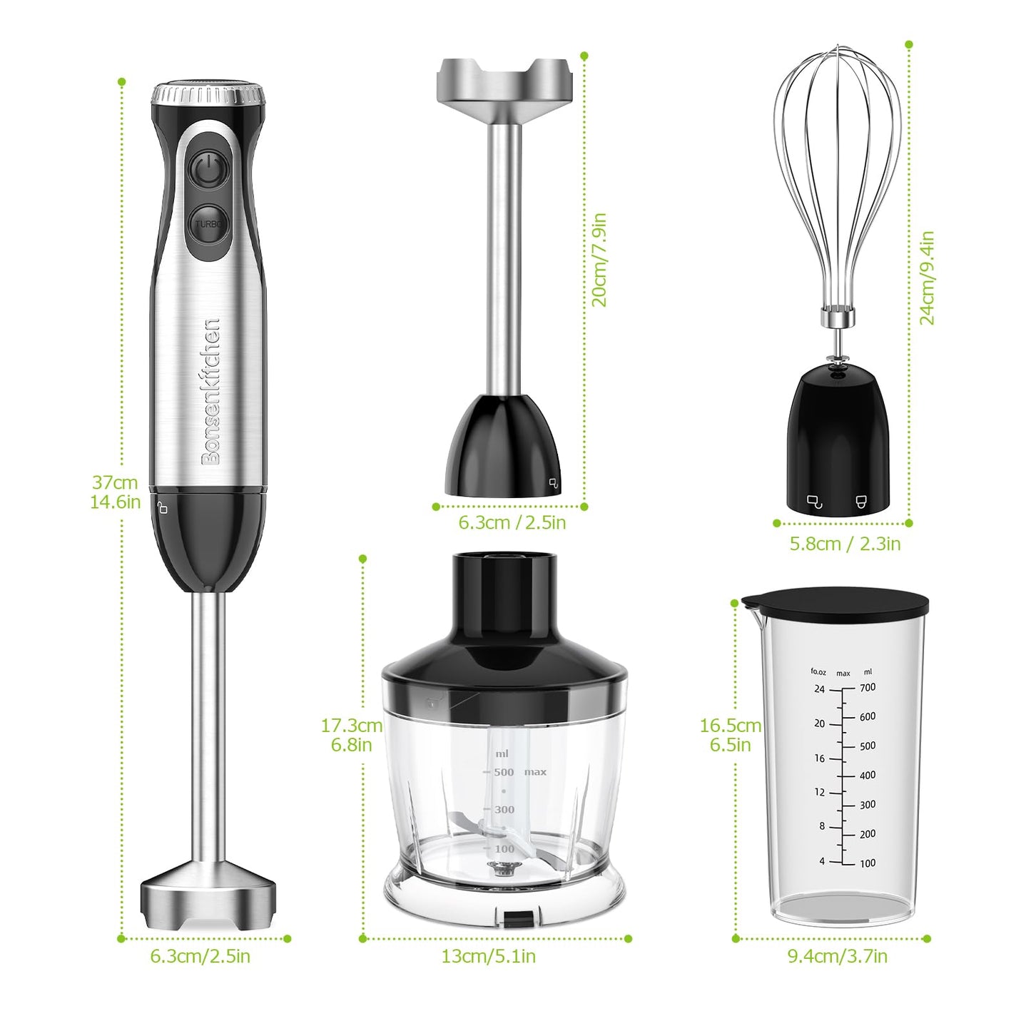 Bonsenkitchen Batidora de Mano 1000W 4 en 1, 20 Velocidades con Batidor, Picadora 500ml y Vaso 700ml, Procesador de Alimentos Multifunción, HB3203