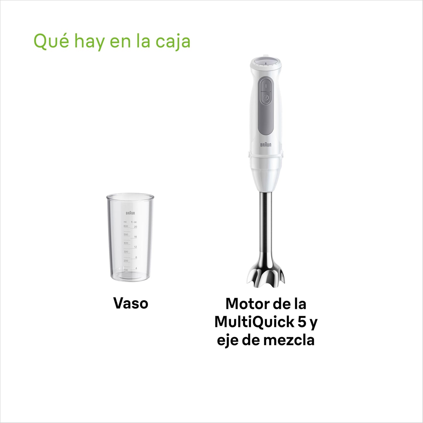 Braun Minipimer MultiQuick 5 - Batidora de mano para sopas, batidos y papillas para bebé, 21 velocidades, control de precisión, brazo de acero inoxidable, vaso medidor, 1000W, blanco (MQ50001M)