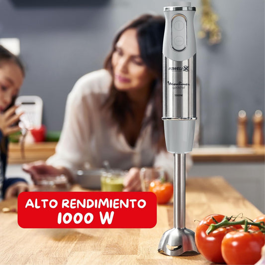 Moulinex QuickChef, Batidora de Mano 1000 W, Regulador de 10 Velocidad Turbo, 3 Accesorios para Picar y Montar y Vaso Medidor, Cúpula Antisalpicaduras, Acero Inoxidable, DD655D