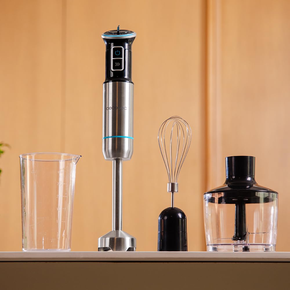 Cecotec Batidora de Mano Power Neutron 1100MAX Pro. 1100W Potencia Máxima, 4 Cuchillas Recubrimiento de Titanio, Velocidad Ajustable, Función Turbo, Pie XL, Vaso 800ml, Picadora y Varilla Montaclaras