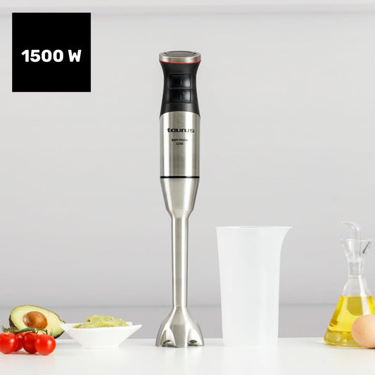 Taurus – Batidora de Mano 1500W | 20 velocidades + TURBO| Cuchillas Inox| Campana Antisalpicaduras| Ergonómica| Libre BPA| Apta Lavavajillas| Pica Hielo