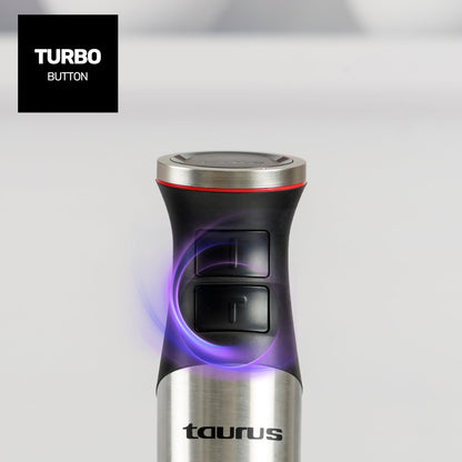Taurus – Batidora de Mano 1500W | 20 velocidades + TURBO| Cuchillas Inox| Campana Antisalpicaduras| Ergonómica| Libre BPA| Apta Lavavajillas| Pica Hielo