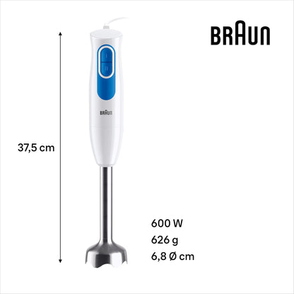 Braun Minipimer MultiQuick 2 - Batidora de mano con picadora y varilla para sopas, batidos y papillas para bebé, 2 velocidades, vaso medidor, 600W, blanco (MQ20236MWH)
