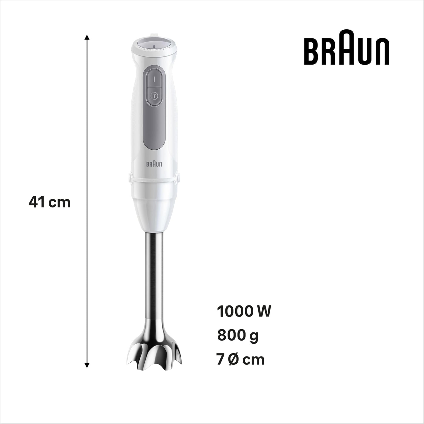 Braun Minipimer MultiQuick 5 - Batidora de mano para sopas, batidos y papillas para bebé, 21 velocidades, control de precisión, brazo de acero inoxidable, vaso medidor, 1000W, blanco (MQ50001M)