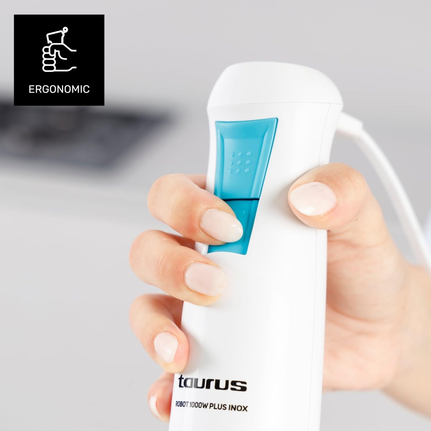 Taurus – Batidora de Mano Robot 1000 Plus INOX, 2 velocidades + Turbo, Cuchillas INOX, Campana Antisalpicaduras, Ergonómica, Libre de BPA, Apta Lavavajillas, con Accesorios