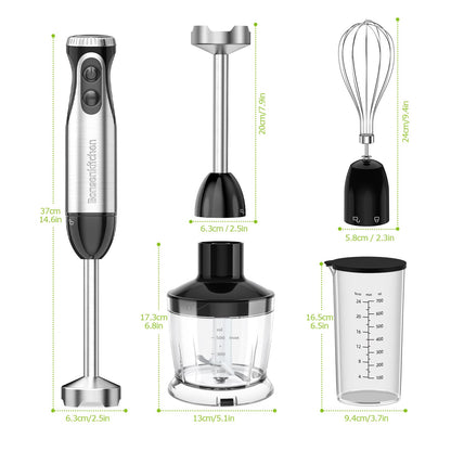 Bonsenkitchen Batidora de Mano 1000W 4 en 1, 20 Velocidades con Batidor, Picadora 500ml y Vaso 700ml, Procesador de Alimentos Multifunción, HB3203