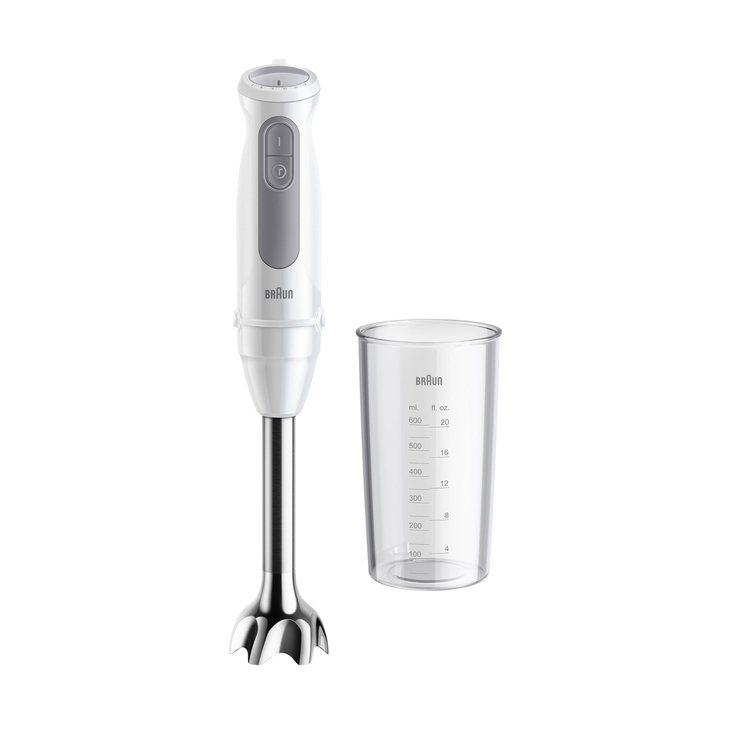 Braun Minipimer MultiQuick 5 - Batidora de mano para sopas, batidos y papillas para bebé, 21 velocidades, control de precisión, brazo de acero inoxidable, vaso medidor, 1000W, blanco (MQ50001M)