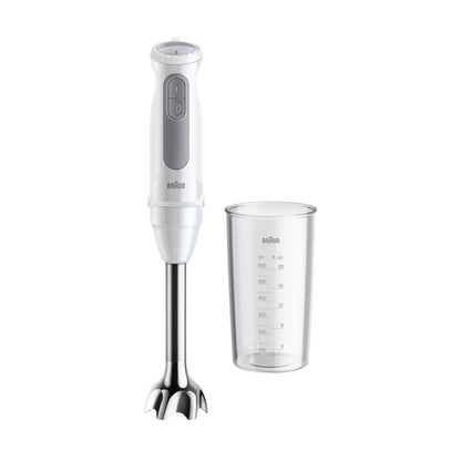 Braun Minipimer MultiQuick 5 - Batidora de mano para sopas, batidos y papillas para bebé, 21 velocidades, control de precisión, brazo de acero inoxidable, vaso medidor, 1000W, blanco (MQ50001M)