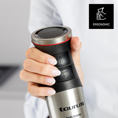 Taurus – Batidora de Mano 1500W | 20 velocidades + TURBO| Cuchillas Inox| Campana Antisalpicaduras| Ergonómica| Libre BPA| Apta Lavavajillas| Pica Hielo