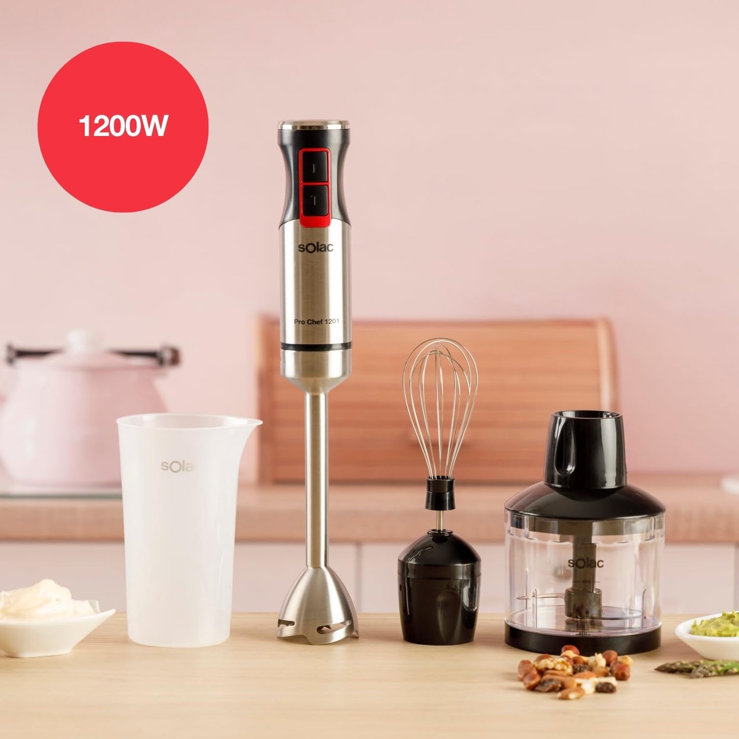 Solac - Batidora de Mano Pro Chef 1201, 1200W, 21 Velocidades Ajustables + Turbo, 4 Cuchillas Acero Inoxidable, Pica Hielo, Antisalpicaduras, Accesorios Incluidos, Vaso Medidor, Negro y Metálico