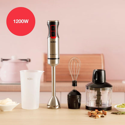 Solac - Batidora de Mano Pro Chef 1201, 1200W, 21 Velocidades Ajustables + Turbo, 4 Cuchillas Acero Inoxidable, Pica Hielo, Antisalpicaduras, Accesorios Incluidos, Vaso Medidor, Negro y Metálico