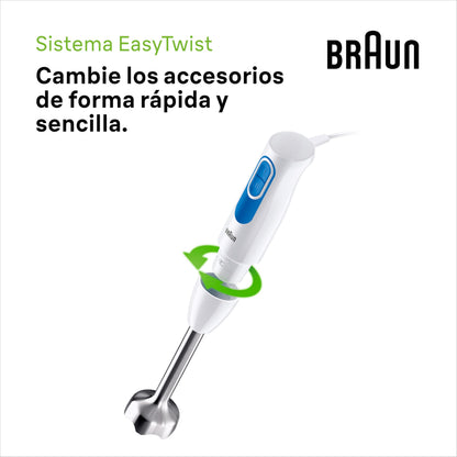 Braun Minipimer MultiQuick 2 - Batidora de mano con picadora y varilla para sopas, batidos y papillas para bebé, 2 velocidades, vaso medidor, 600W, blanco (MQ20236MWH)