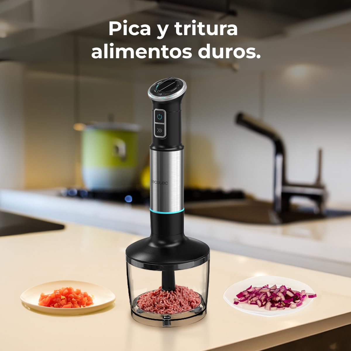 Cecotec Batidora de Mano Power Neutron 1100MAX Pro. 1100W Potencia Máxima, 4 Cuchillas Recubrimiento de Titanio, Velocidad Ajustable, Función Turbo, Pie XL, Vaso 800ml, Picadora y Varilla Montaclaras