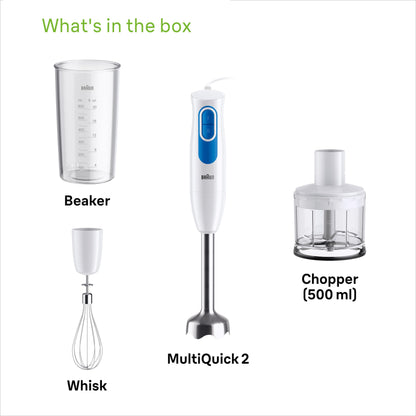 Braun Minipimer MultiQuick 2 - Batidora de mano con picadora y varilla para sopas, batidos y papillas para bebé, 2 velocidades, vaso medidor, 600W, blanco (MQ20236MWH)