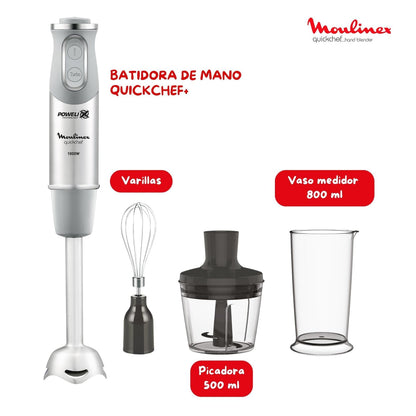 Moulinex QuickChef, Batidora de Mano 1000 W, Regulador de 10 Velocidad Turbo, 3 Accesorios para Picar y Montar y Vaso Medidor, Cúpula Antisalpicaduras, Acero Inoxidable, DD655D