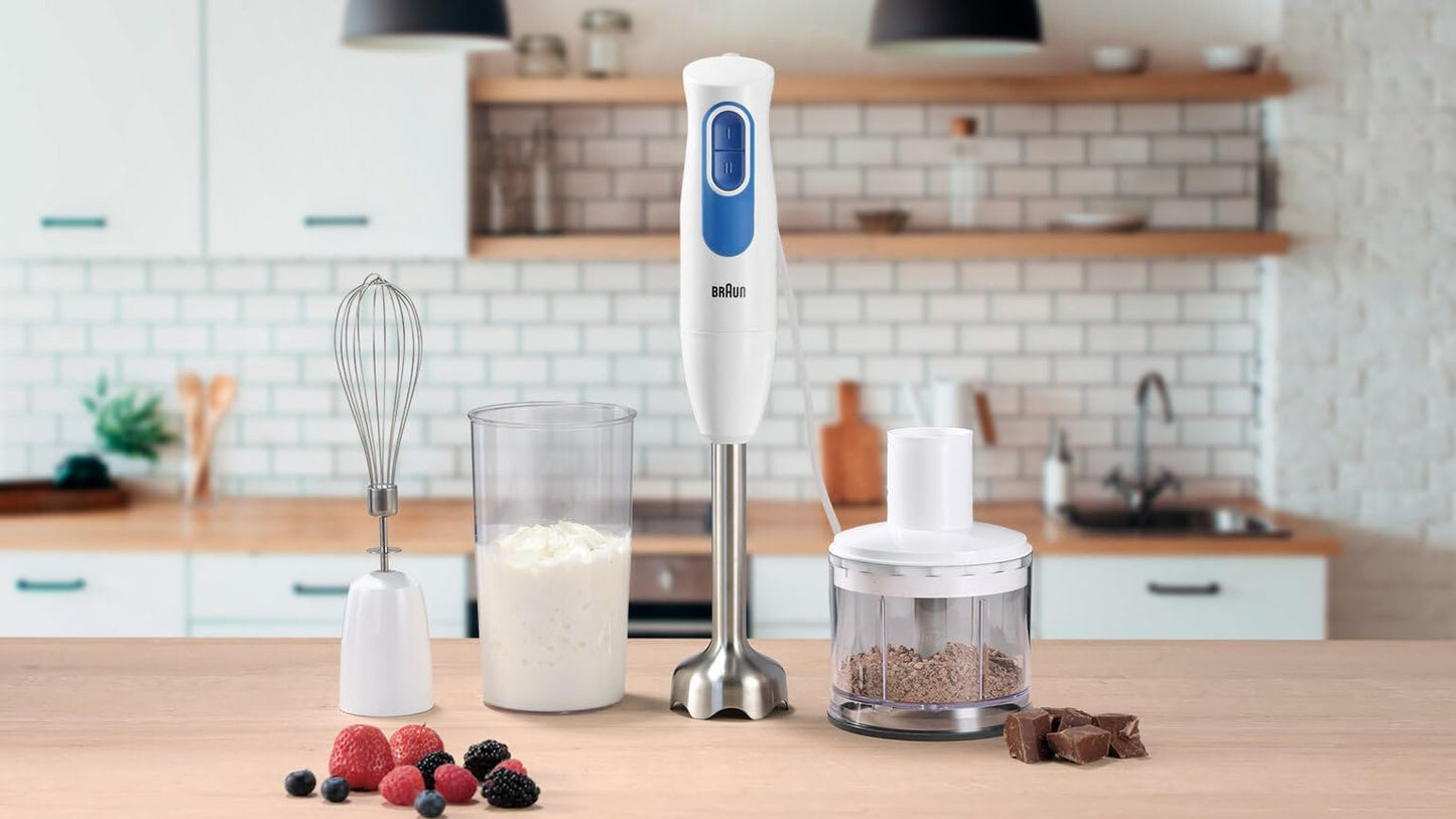Braun Minipimer MultiQuick 2 - Batidora de mano con picadora y varilla para sopas, batidos y papillas para bebé, 2 velocidades, vaso medidor, 600W, blanco (MQ20236MWH)