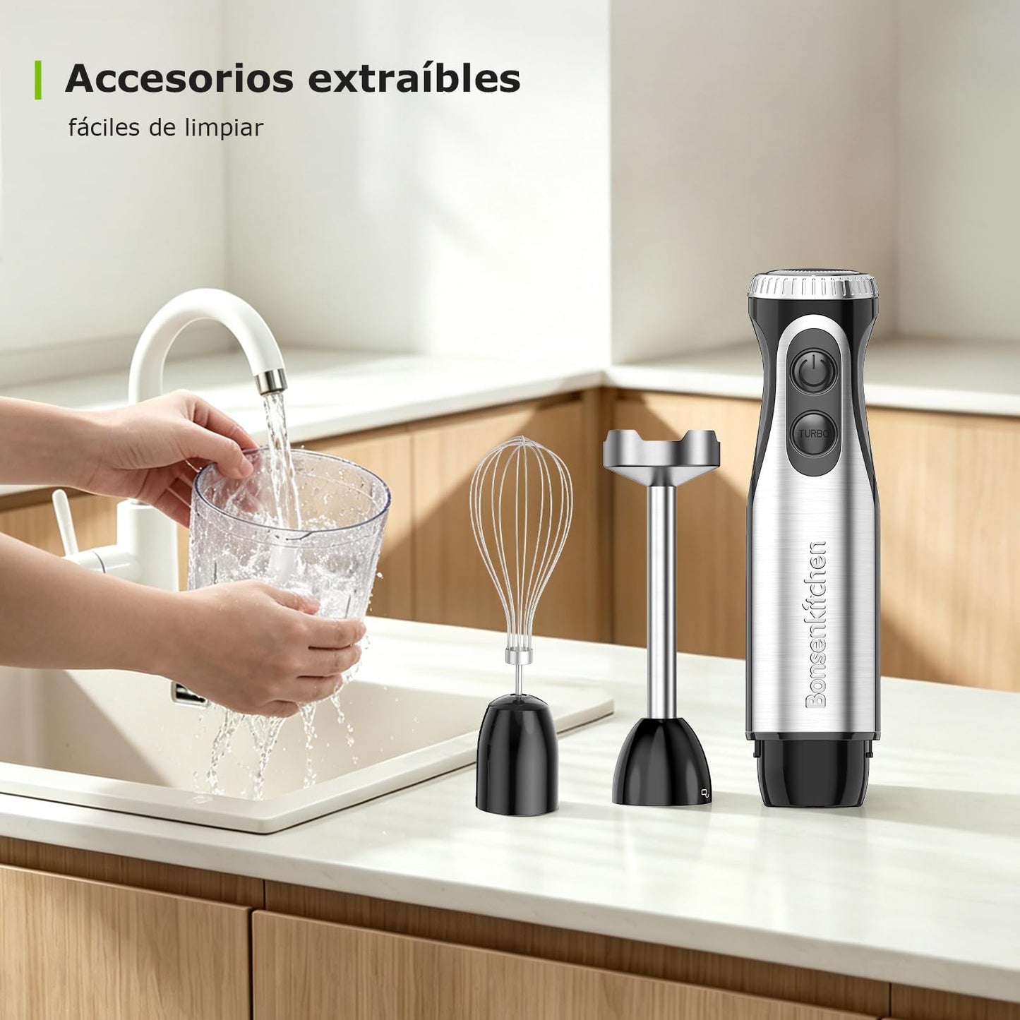 Bonsenkitchen Batidora de Mano 1000W 4 en 1, 20 Velocidades con Batidor, Picadora 500ml y Vaso 700ml, Procesador de Alimentos Multifunción, HB3203