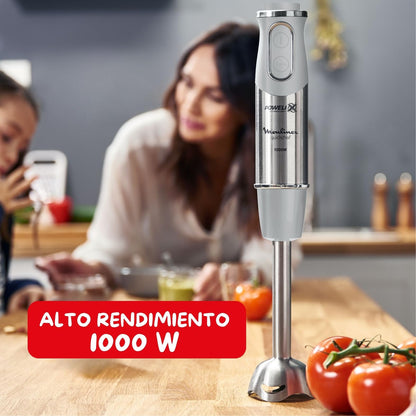 Moulinex QuickChef, Batidora de Mano 1000 W, Regulador de 10 Velocidad Turbo, 3 Accesorios para Picar y Montar y Vaso Medidor, Cúpula Antisalpicaduras, Acero Inoxidable, DD655D