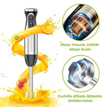 Bonsenkitchen Batidora de Mano 1000W 4 en 1, 20 Velocidades con Batidor, Picadora 500ml y Vaso 700ml, Procesador de Alimentos Multifunción, HB3203