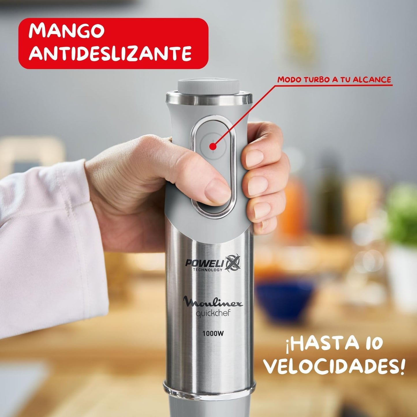 Moulinex QuickChef, Batidora de Mano 1000 W, Regulador de 10 Velocidad Turbo, 3 Accesorios para Picar y Montar y Vaso Medidor, Cúpula Antisalpicaduras, Acero Inoxidable, DD655D