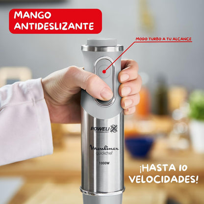 Moulinex QuickChef, Batidora de Mano 1000 W, Regulador de 10 Velocidad Turbo, 3 Accesorios para Picar y Montar y Vaso Medidor, Cúpula Antisalpicaduras, Acero Inoxidable, DD655D