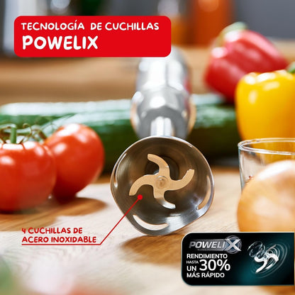 Moulinex QuickChef, Batidora de Mano 1000 W, Regulador de 10 Velocidad Turbo, 3 Accesorios para Picar y Montar y Vaso Medidor, Cúpula Antisalpicaduras, Acero Inoxidable, DD655D