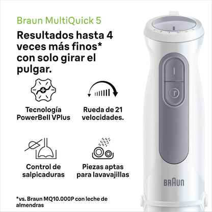 Braun Minipimer MultiQuick 5 - Batidora de mano para sopas, batidos y papillas para bebé, 21 velocidades, control de precisión, brazo de acero inoxidable, vaso medidor, 1000W, blanco (MQ50001M)