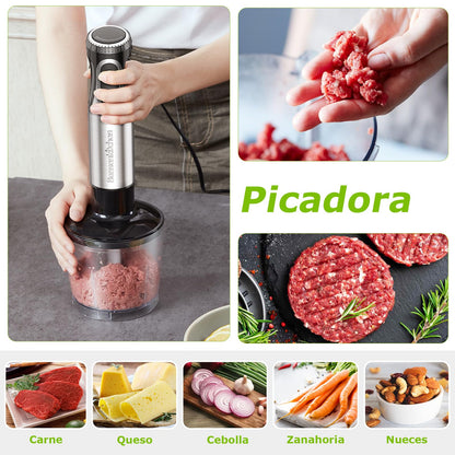 Bonsenkitchen Batidora de Mano 1000W 4 en 1, 20 Velocidades con Batidor, Picadora 500ml y Vaso 700ml, Procesador de Alimentos Multifunción, HB3203